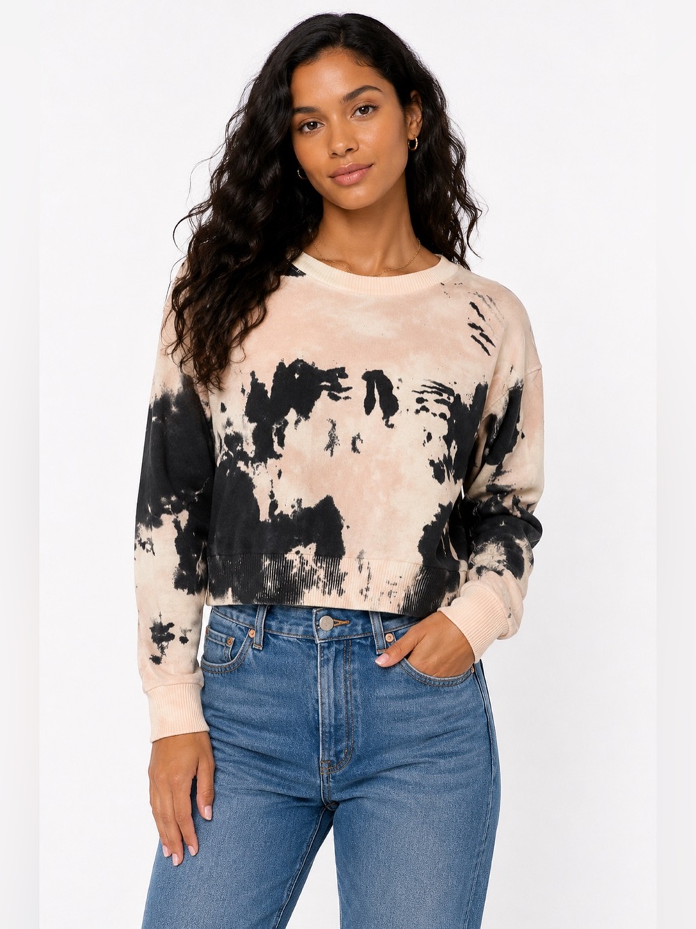Sanctuary Off The Record Tie-Dye Knit Sweater Pink Black XS